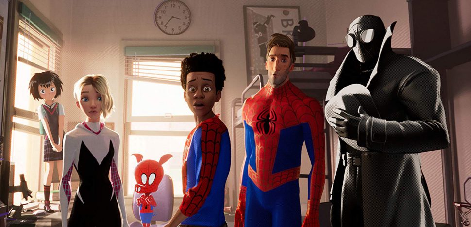 “Spider-Man: Into the Spider-Verse” features various Spider-People, including (from left) Peni Parker, Spider-Gwen (Gwen Stacy), Spider-Ham (Peter Porker), Spider-Man (Miles Morales), Spider-Man (Peter Parker), and Spider-Man Noir (also Peter Parker).
