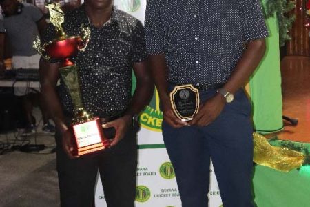 Dynamic duo! GCB 2018 Franchise of the year, Essequibo captain Anthony Adams (left) and coach of the year Ryan Hercules
