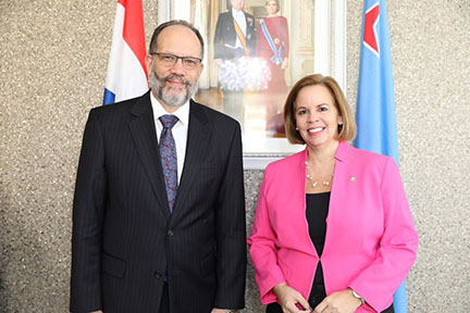 CARICOM Secretary-General Ambassador Irwin LaRocque (left) and Aruba’s Prime Minister Evelyn Wever-Croes