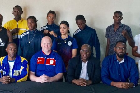 The organizers and sponsors along with the combatants of this year’s Caribbean Boxing Championships pose for a photo yesterday following the formal launch at Tower Suites. In excess of 70 of the Region’s best boxers from 12 territories will do battle from tonight in the annual event.
