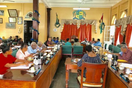 Councillors of the Georgetown Municipality at the final sitting of the council on Monday. The life of the current council expires today. From January 1st 2019, councillors elected at the November 12th Local Government Elections will take up their seats under the mayorship of APNU representative Ubraj Narine.