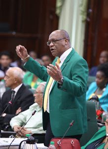 Minister of State Joseph Harmon speaking in Parliament today.