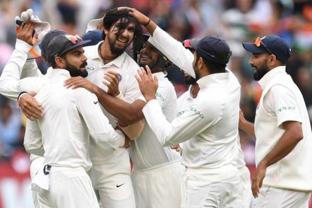  India’s players celebrate after winning the third test match between Australia and India at the MCG in Melbourne, Australia. AAP/Julian Smith/via REUTERS