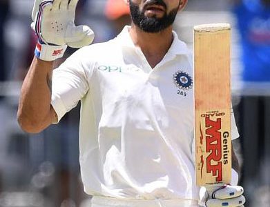  India’s captain Virat Kohli reacts after scoring his century on day three of the second test match between Australia and India at Perth Stadium in Perth, Australia, yesterday. AAP/Dave Hunt/via REUTER
