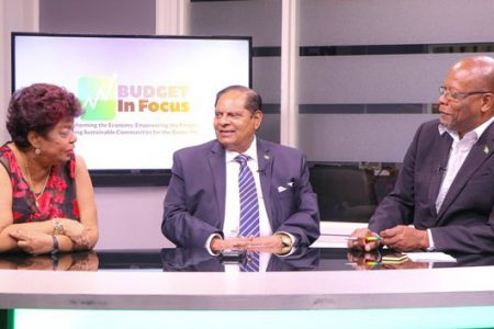 Minister of Social Protection, Amna Ally [left] and Prime Minister, Moses Nagamootoo [centre] during the televised Budget in Focus programme on the National Communications Network with Host, Enrico Woolford [right] last night. (DPI photo)