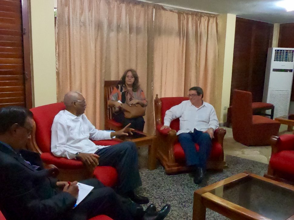 President David Granger (second from left) meeting with Cuban Foreign Minister Bruno Rodriguez Parrilla (right).