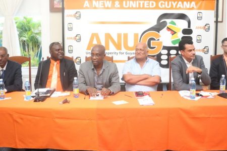 Members of A New and United Guyana (ANUG), which was launched last evening at Moray House. From left are Senior Counsel Ralph Ramkarran, Akanni Blair, Dr Henry Jeffrey, Beni Sankar, Timothy Jonas  and Kian Jabour. (Photo by Terrence Thompson) 