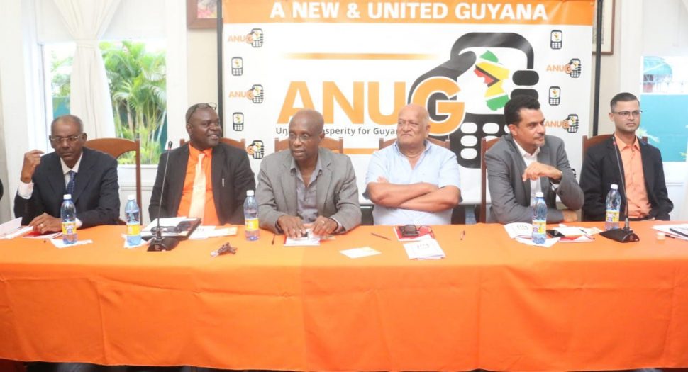 Members of A New and United Guyana (ANUG), which was launched last evening at Moray House. From left are Senior Counsel Ralph Ramkarran, Akanni Blair, Dr Henry Jeffrey, Beni Sankar, Timothy Jonas  and Kian Jabour. (Photo by Terrence Thompson) 