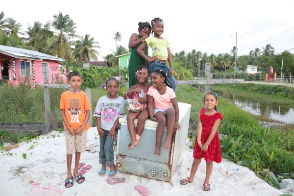 Supply children react: From left front: Ajay, Delcey, Shemira, Treasure and Ariana and standing behind: Shania and Keyara
