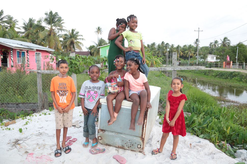 Supply children react: From left front: Ajay, Delcey, Shemira, Treasure and Ariana and standing behind: Shania and Keyara
