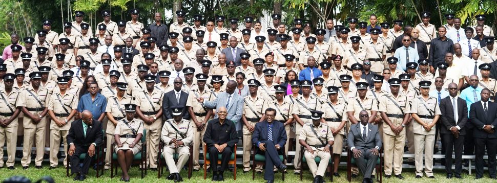 President David Granger (seated at centre) with officers of the Guyana Police Force shortly after the opening ceremony of the Police Officers’ Annual Conference ended. Also in the photo are (seated from right) are Deputy Commissioner Lyndon Alves, Deputy Commissioner Maxine Graham, Commissioner of Police Leslie James, Minister of Public Security Khemraj Ramjattan, Deputy Commissioner Paul Williams and Deputy Commissioner Nigel Hoppie. (Photo by Terrence Thompson)
