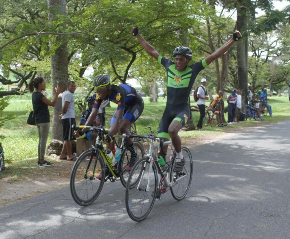 Flashback! Curtis ‘Chappy’ Dey kicked off last year’s cycling season in fine style, winning the feature 35-lap event of the 25th annual Ricks and Sari Agro Industries multi-race programme. He was pictured here reacting after bettering his teammate, Romello Crawford. (Orlando Charles photo)
