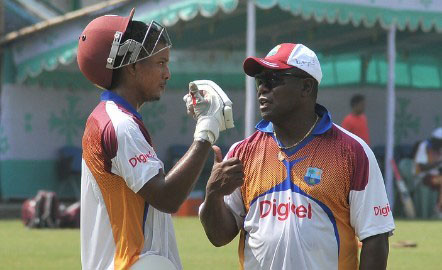 FLASHBACK: Desmond Haynes (right) speaks to Windies opener Kieran Powell during his previous stint as batting consultant. 