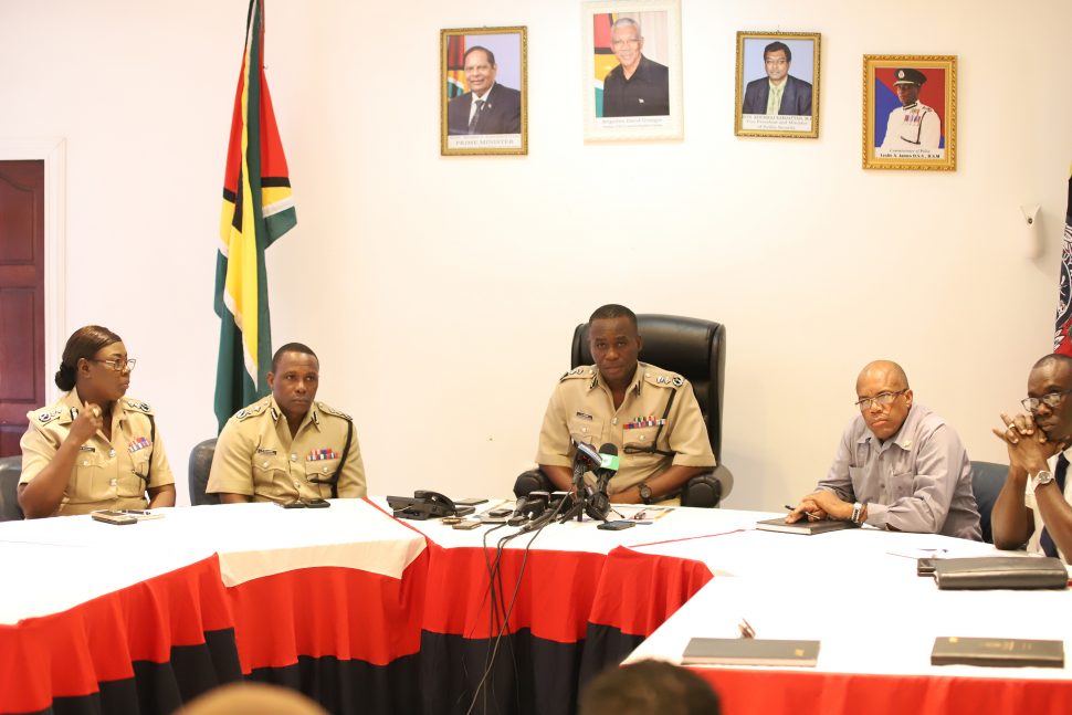 Commissioner of Police Leslie James (at centre) flanked by (from left) Deputy Commissioners Maxine Graham, Paul Williams Lyndon Alves and Nigel Hoppie at the press conference yesterday. (Photo by Terrence Thompson)