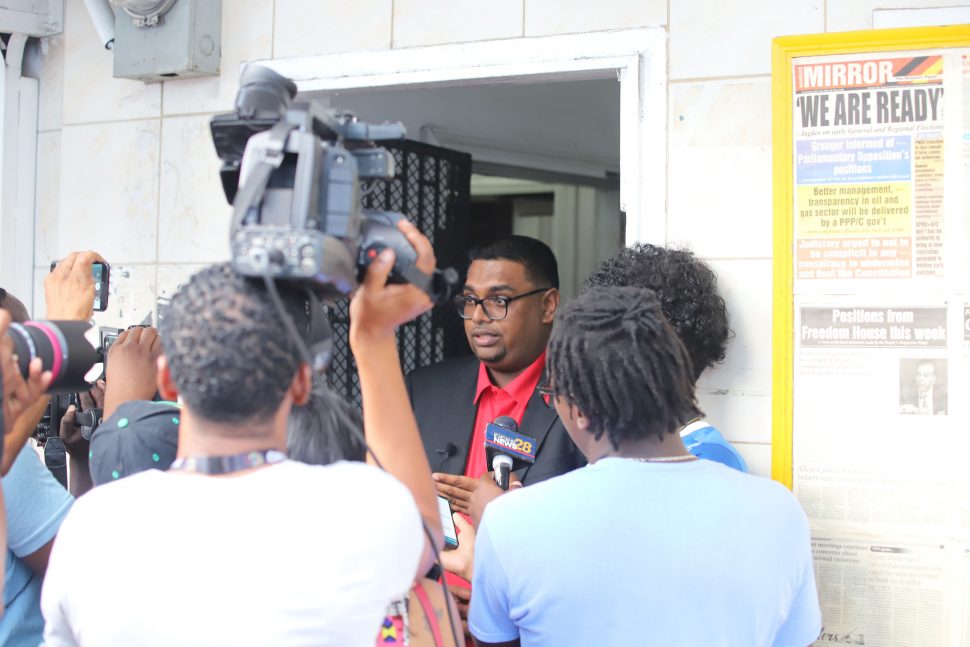 Irfaan Ali speaks to reporters yesterday after being elected as the PPP’s presidential candidate for the next elections by the party’s Central Committee. (Photo by Terrence Thompson) 