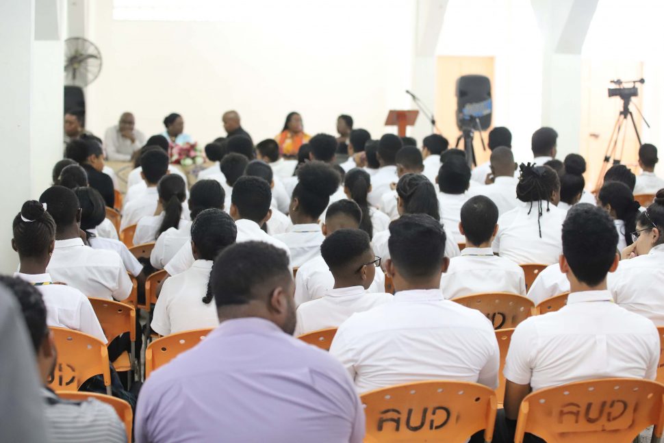 Students of the Mae’s Schools listening during a visit by Minister of Education Dr Nicolette Henry and a team from the Schools Health and Welfare Department. (Terrence Thompson Photo)