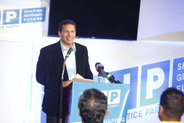 File: Presidential candidate Lenox Shuman addressing the launch of the Liberty and Justice Party last evening at the Georgetown Club. (Terrence Thompson photo)