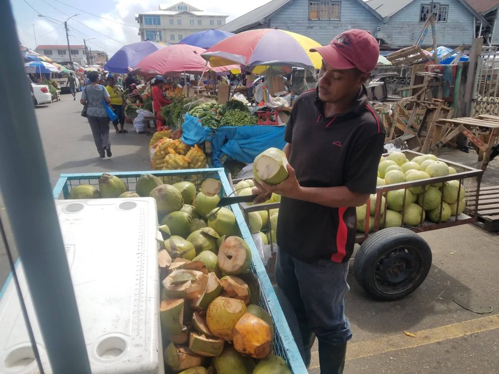 Roy preparing a coconut for one of his customers when he made a stop in Bourda Market. 