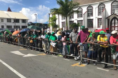 Supporters of the government lined the northern side of the Public Buildings as they listened to Speaker of the National Assembly Dr Barton Scotland’s position on the no-confidence motion.