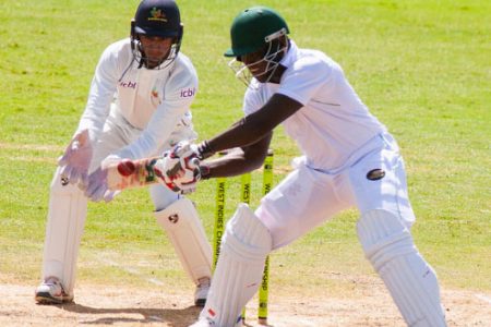 Anthony Bramble cuts for four during his century on Day 2 of the the third round match between Barbados Pride and Guyana Jaguars in the CWI Professional Cricket League Four Day match on Saturday, January 5, 2019 at Kensington Oval
CWI Media/ Kerrie Eversley of Brooks LaTouche Photography
