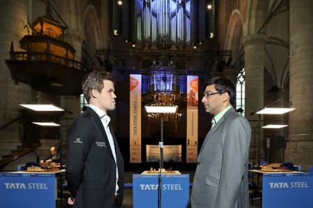 Magnus Carlsen (left) and Viswanathan Anand after their game at the Tata Steel Masters Chess Tournament in Holland. Carlsen and Anand fought for over six hours before Anand cracked giving the world champion the victory. It was Carlsen’s first win against Anand in classical chess since 2015 at the Grenke Tournament. The two met twice for the world title and Carlsen won both times. (Photo: Tata Steel Chess Twitter)