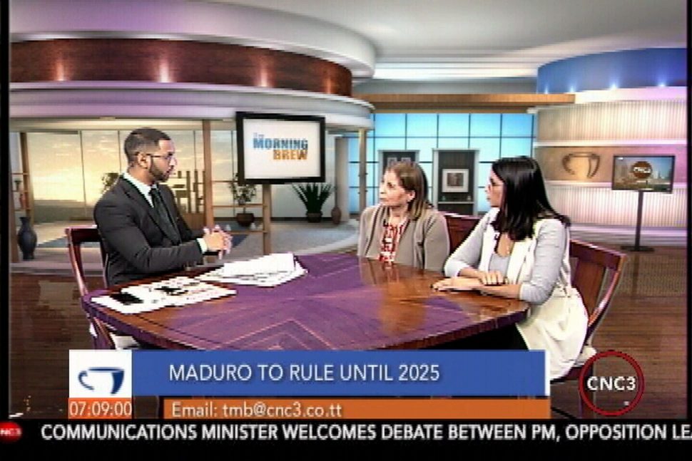 Members of the Caribbean Refugees Voices, Beatriz Joseph, centre, and Monica Joseph, right, speak with CNC3’s Jesse Ramdeo on The Morning Brew yesterday about the re-election of Nicolas Maduro in Venezuela for a 2nd term as president.