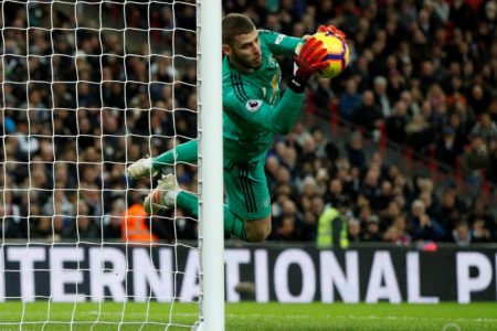 Manchester United’s David de Gea makes a save from Tottenham’s Harry Kane (not pictured) Action Images via Reuters/John Sibley.
