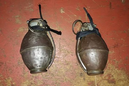 The grenades that were found on the Venezuelan nationals by police during a stop and search exercise. (Photo courtesy of Guyana Police Force)