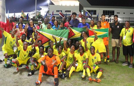 The Golden Jaguars U20 side basking in their historic win over El Salvador in the CONCACAF Championship in Florida. It was first ever victory for Guyana against Central American opposition at any level following a disappointing tournament which featured loses to lowly Cayman Islands