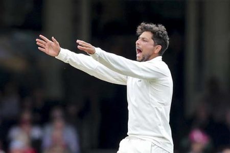 India’s Kuldeep Yadav makes a successful appeal for the dismissal of Australia’s Nathan Lyon via the lbw route. (Reuters photo)