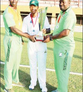 FLASHBACK! From left, Rayon Griffith, Leon Johnson and Esuan Crandon following the Guyana Jaguars 2017 title triumph.
