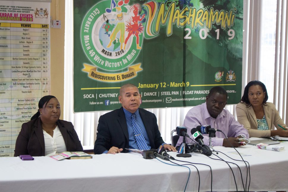 From left are Director of Culture, Tamika Boatswain, Minister of Social Cohesion, Dr. George Norton and Mash Coordinator, Andrew Tyndall (DPI photo).