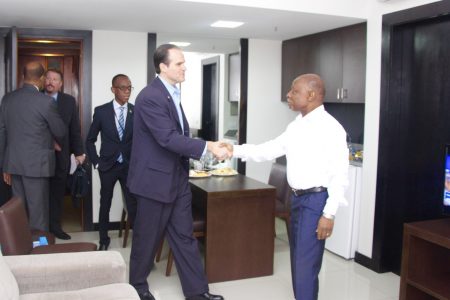 Minister of Foreign Affairs, Carl Greenidge (right) meeting Senior Director of the United States National Security Council's Western Hemisphere
Affairs, Mauricio Claver-Carone
