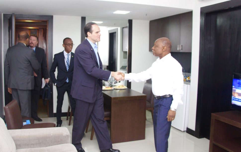 Minister of Foreign Affairs, Carl Greenidge (right) meeting Senior Director of the United States National Security Council’s Western Hemisphere
Affairs, Mauricio Claver-Carone
