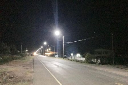 A section of the No.1 Village, Corentyne public road that was recently lit up. 