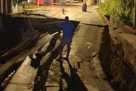 A portion of the Moruga Main Road that collapsed on Tuesday night.