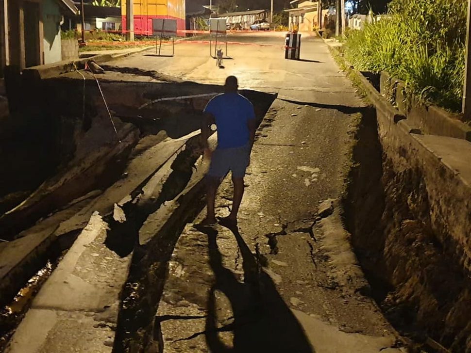 A portion of the Moruga Main Road that collapsed on Tuesday night.