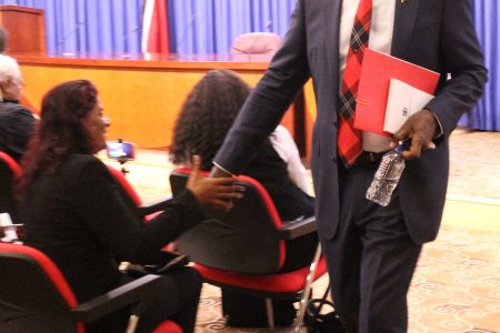Prime Minister Dr Keith Rowley shakes GML senior reporter Shaliza Hassanali’s hand after his Conversations with the Media at the Diplomatic Centre, St Ann’s yesterday.