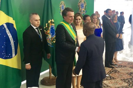 Minister of Foreign Affairs Carl Greenidge (right) meeting with new Brazilian Pressident, Jair Bolsonaro