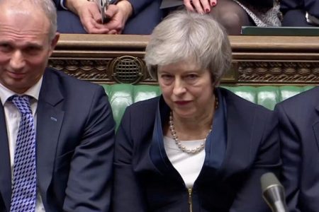 Prime Minister Theresa May sits down in Parliament after the vote on May's Brexit deal, in London, Britain, January 15, 2019 in this screengrab taken from video. Reuters TV via REUTERSReuters