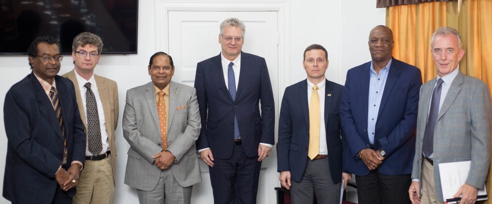 From left to right are Minister of Public Security, Khemraj Ramjattan; British High Commissioner to Guyana, Greg Quinn; Prime Minister, Moses Nagamootoo; EU Ambassador to Guyana, Jernej Videtic; Deputy Chief of Mission, Terry Steers Gonzalez; Minister of State, Joseph Harmon and a representative of the Canadian High Commission. (DPI photo) 