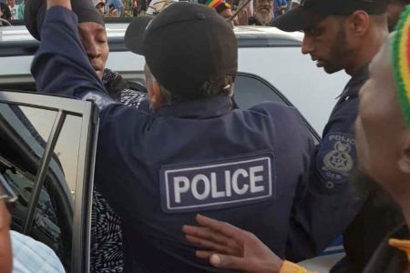 Makaan Grant, 27, of Curepe is arrested for cannabis possession at a rally calling for legalisation of the plant in San Fernando, yesterday.