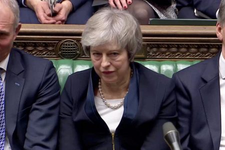 Prime Minister Theresa May sits down in Parliament after the vote on May's Brexit deal, in London, Britain, January 15, 2019 in this screengrab taken from video. Reuters TV via REUTERS (Reuters/-)
