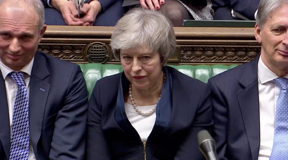 Prime Minister Theresa May sits down in Parliament after the vote on May’s Brexit deal, in London, Britain, January 15, 2019 in this screengrab taken from video. Reuters TV via REUTERS (Reuters/-)
