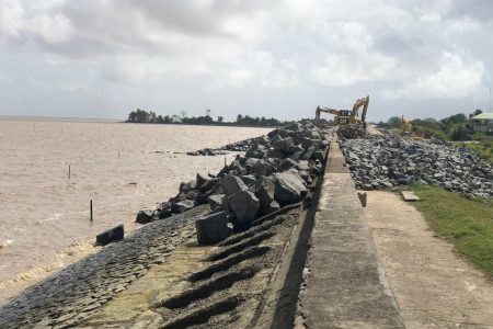 Ongoing sea defence construction at La Jalousie, West Coast Demerara.