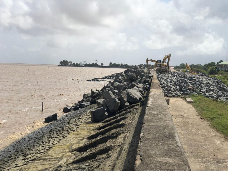 Ongoing sea defence construction at La Jalousie, West Coast Demerara.