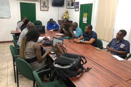 Representatives of the Guyana Bauxite and General Workers’ Union (GB&GWU) meeting with officials of the Department of Labour of the Ministry of Social Protection yesterday morning in the absence of representatives from RUSAL. 