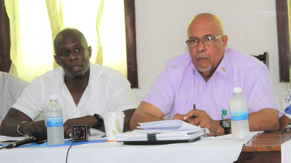 GWI’s Executive Director of Operations Dwayne Shako (at left) and GWI’s Managing Director, Dr. Richard Van West Charles at the press conference 
yesterday 