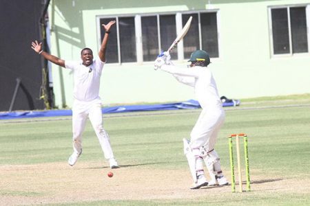 Christopher Barnwell appeals successfully for the wicket of Brandon King (Orlando Charles photo)