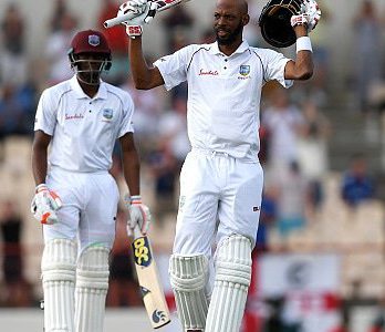 West Indies all-rounder Roston Chase celebrates reaching three figures yesterday but his knock was unable to stop the West Indies from sliding to a heavy defeat.
